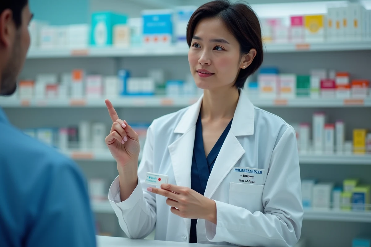 Pharmacienne en blouse blanche expliquant le résultat d'un test de grossesse à une cliente dans une pharmacie
