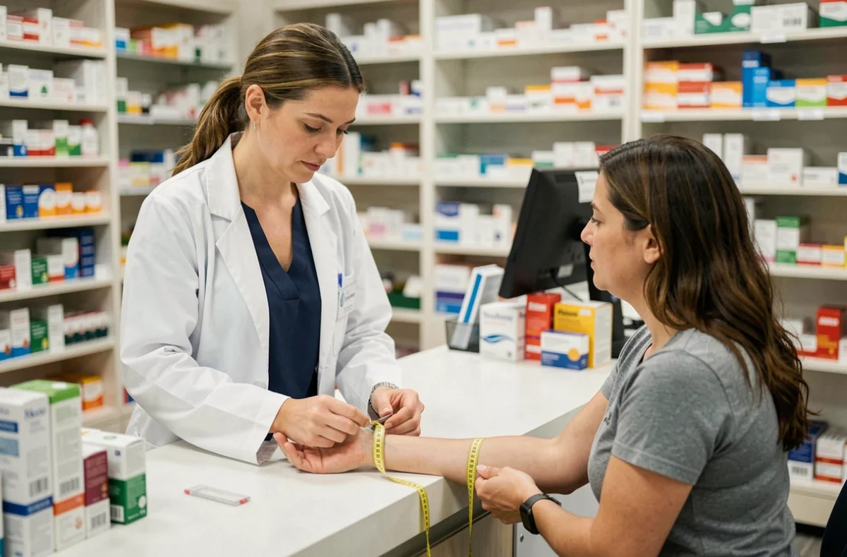 Pharmacienne mesurant le mollet d'une cliente pour choisir la bonne taille de bas de contention en officine