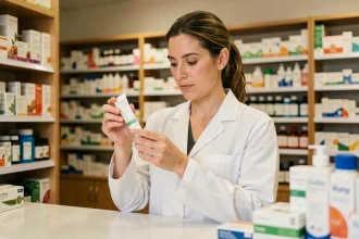 Pharmacienne en blouse blanche examinant un tube de phytargile concentré derrière le comptoir d'une pharmacie