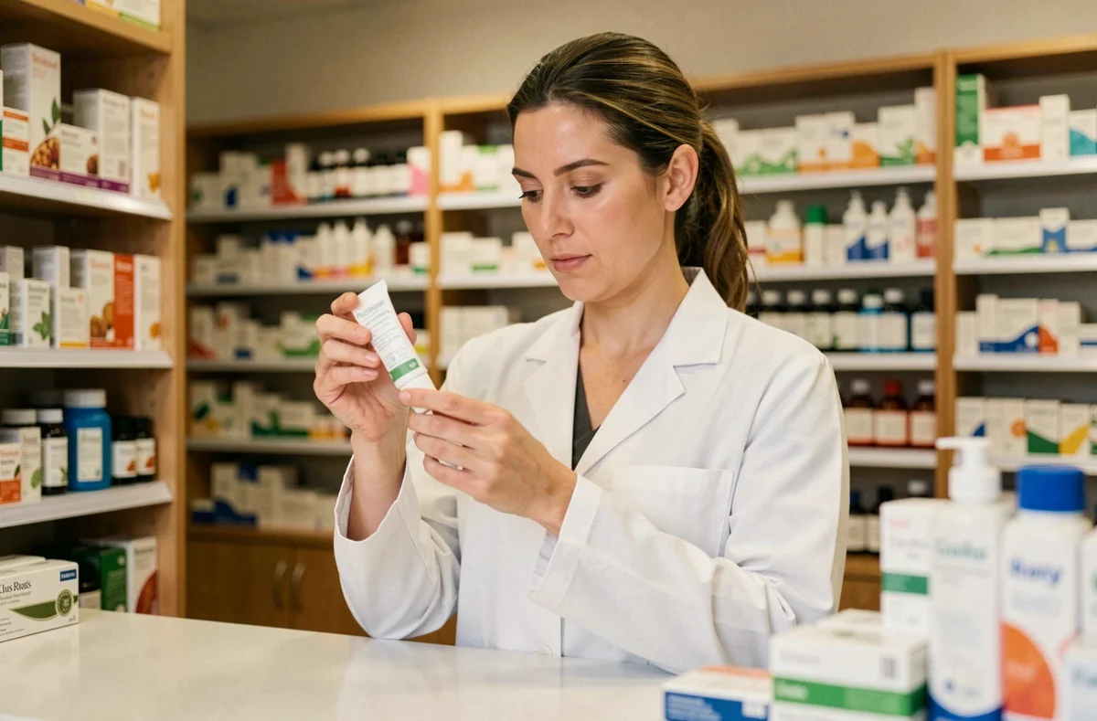 Pharmacienne en blouse blanche examinant un tube de phytargile concentré derrière le comptoir d'une pharmacie