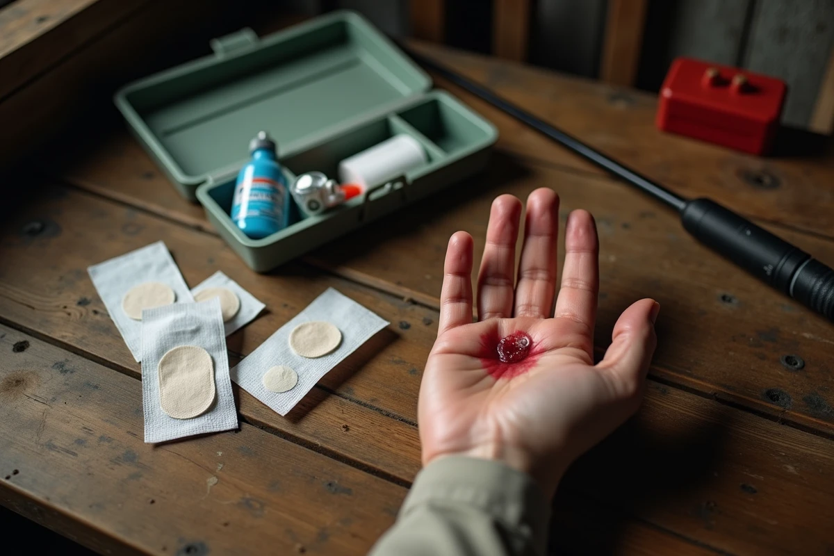Main blessée par une morsure de brochet posée près d'une trousse de premiers secours avec antiseptique et compresses stériles
