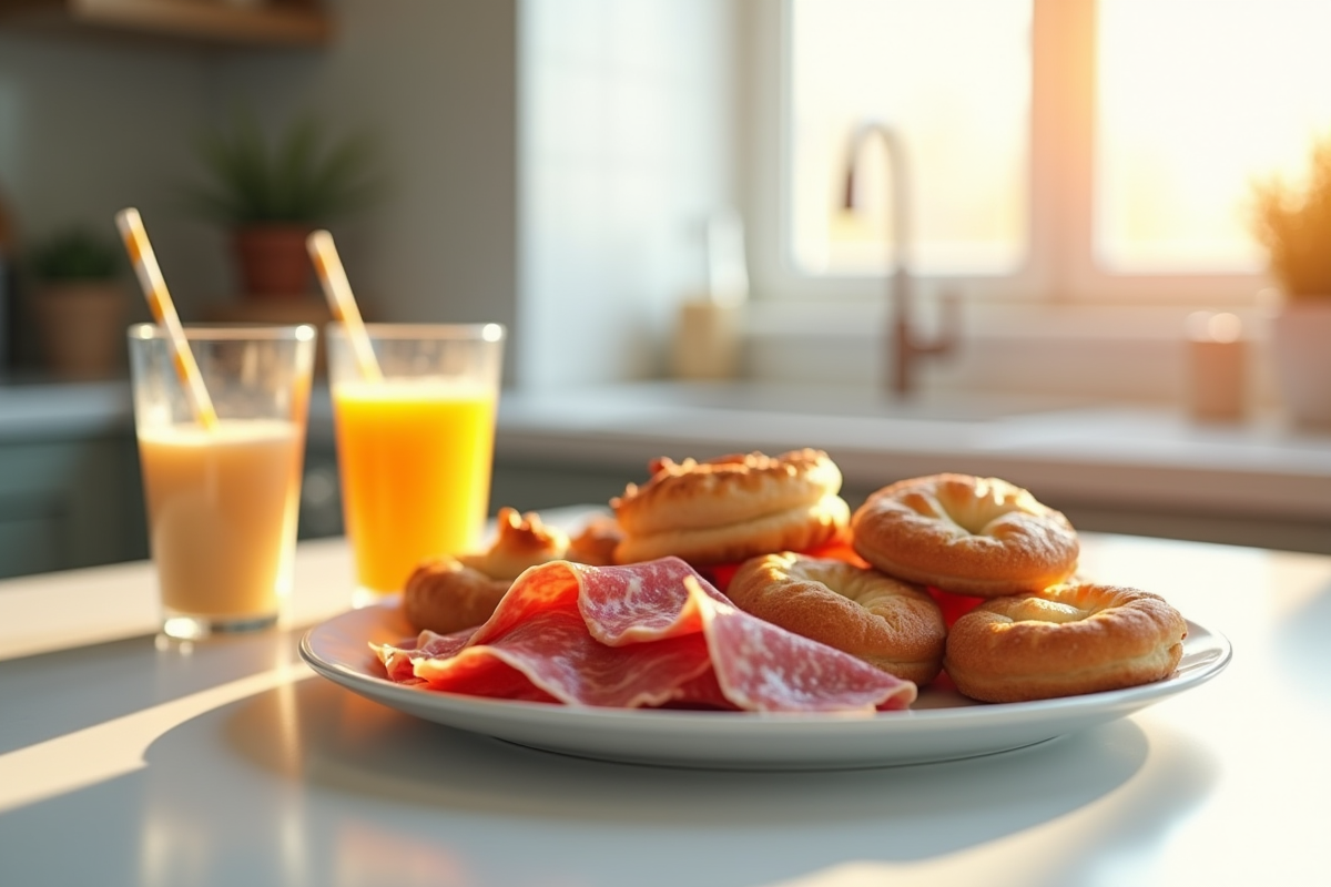 Assiette de viandes transformees et sucreries pour le petit déjeuner