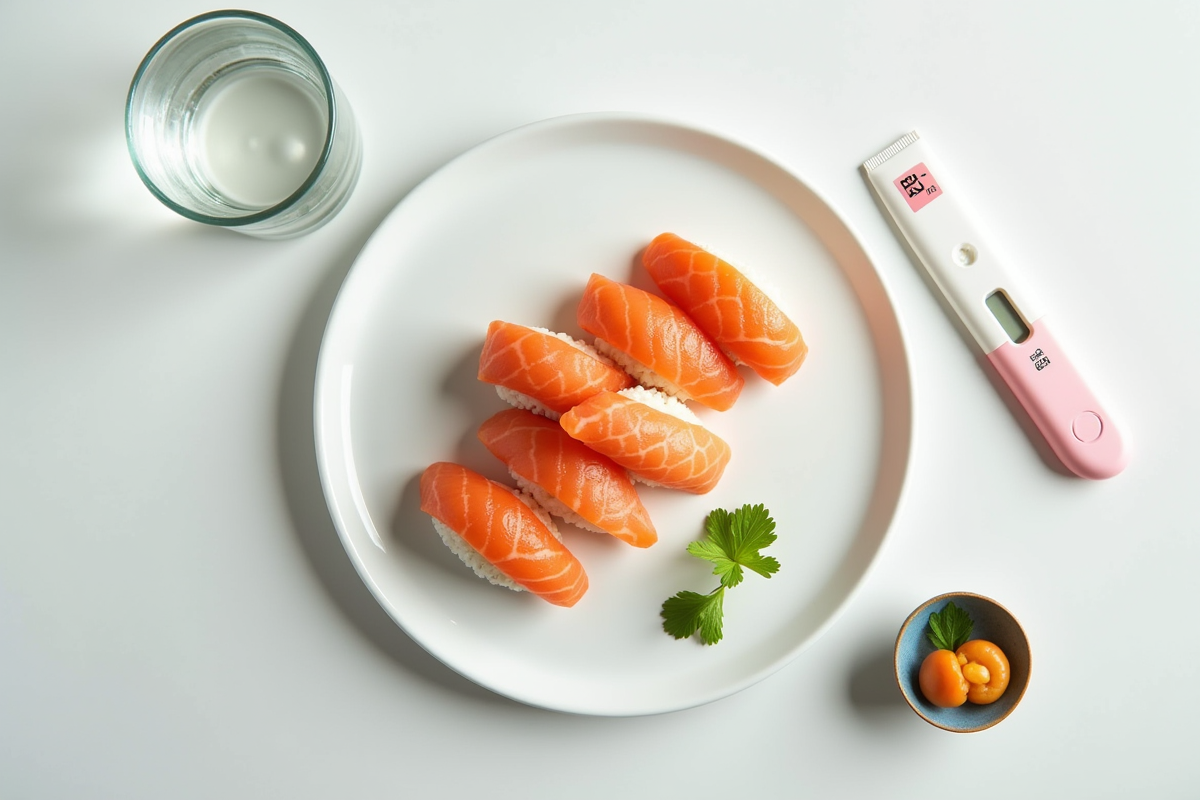 Plateau de sushis avec test de grossesse et verre d