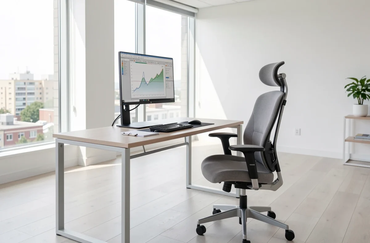 Poste de travail ergonomique avec écran réglable et chaise adaptée
