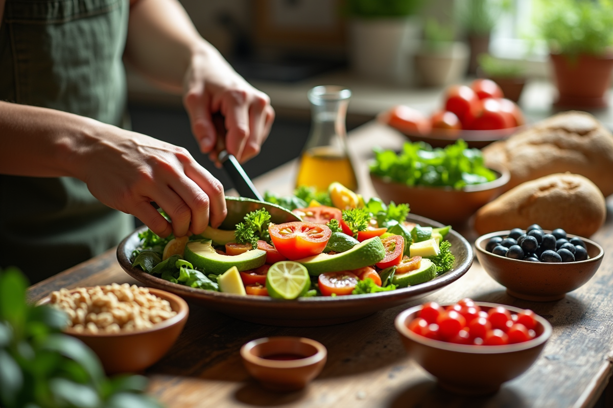 Personne préparant une salade avec ingrédients colorés