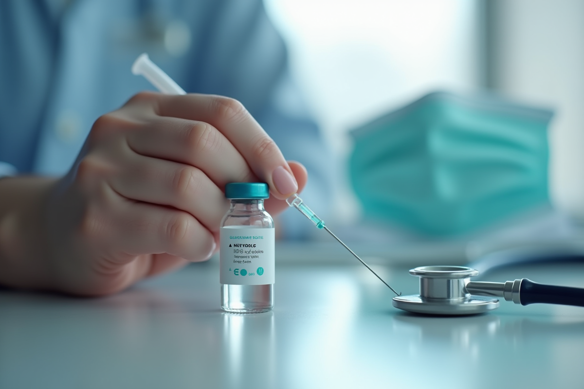 Gros plan sur une seringue et un flacon de vaccin sur une table avec masque et stethoscope