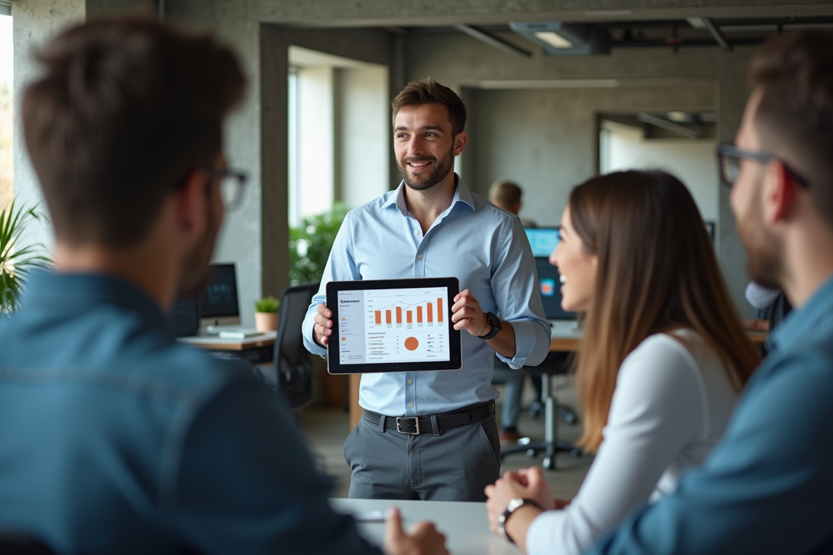 Jeune homme présentant campagne marketing sur tablette