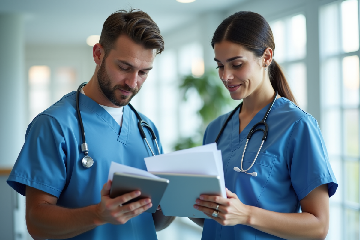 Deux professionnels de santé discutent avec tablettes dans un bureau moderne