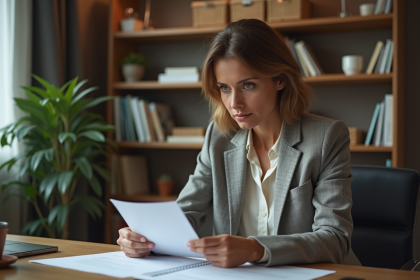 Psychologue femme en bureau priv&eacute; en train de lire un document