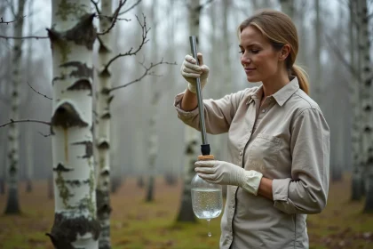 Femme récoltant la sève de bouleau en forêt au printemps en insérant un robinet dans l'écorce d'un bouleau argenté