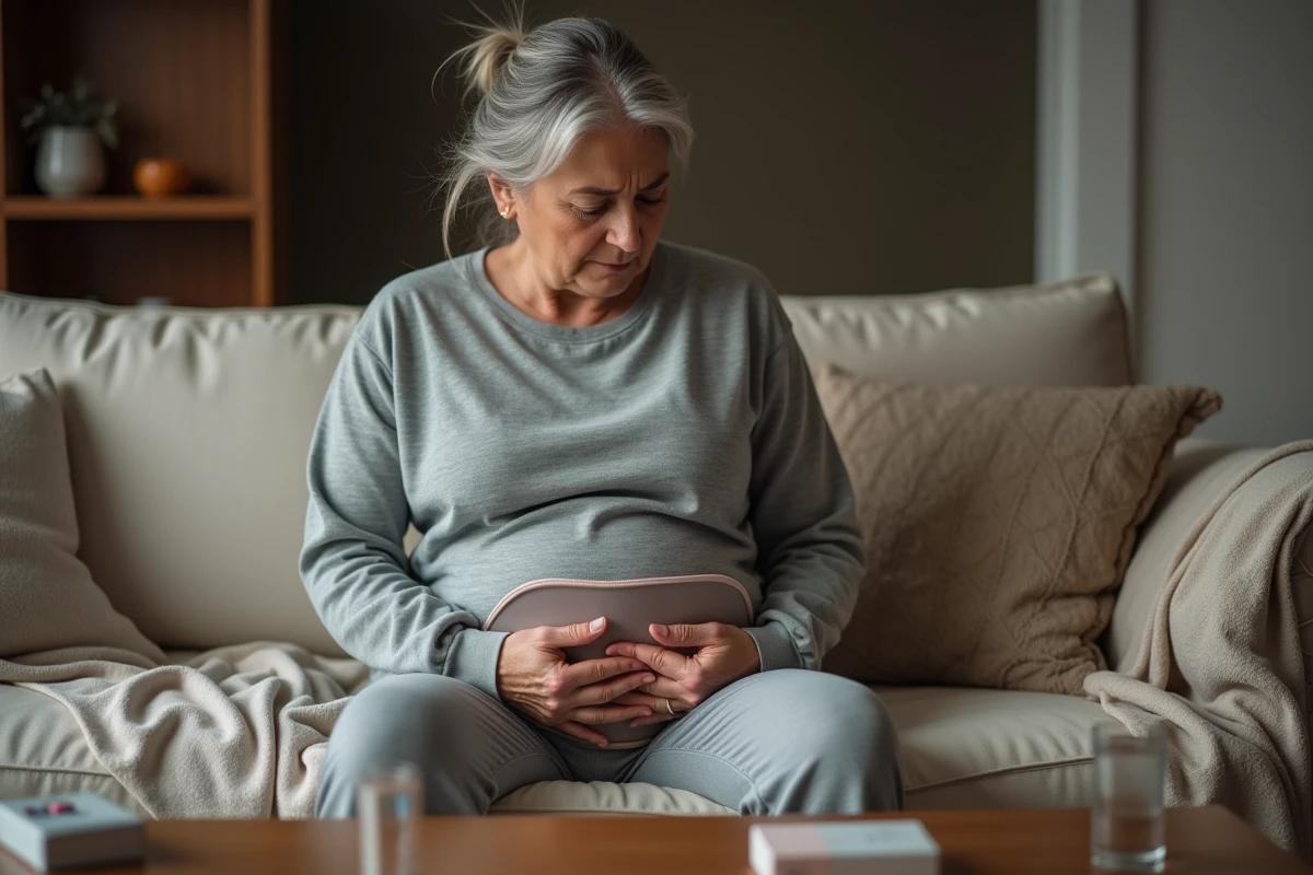 Femme en récupération post-opératoire chez elle avec une bouillotte sur le bas-ventre, assise sur un canapé