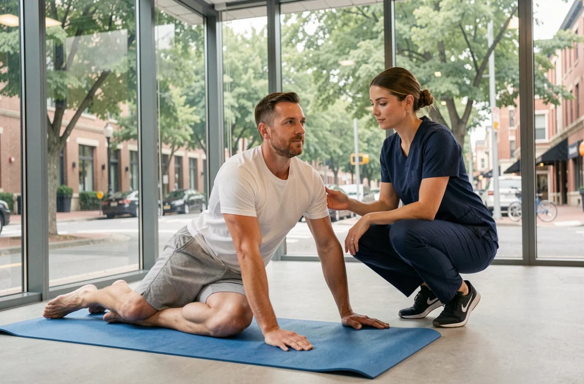 Exercice de rééducation guidé par un kinésithérapeute dans un studio de bien-être moderne avec vue sur rue