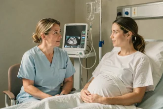 Sage-femme en tenue médicale bleue discutant avec une femme enceinte dans une chambre de maternité moderne