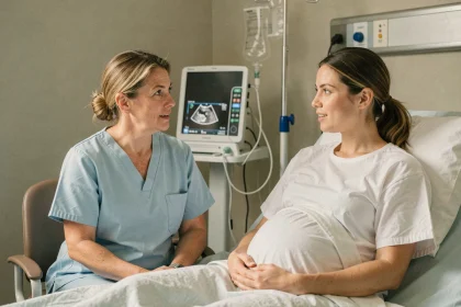 Sage-femme en tenue médicale bleue discutant avec une femme enceinte dans une chambre de maternité moderne