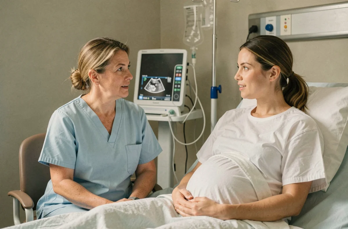 Sage-femme en tenue médicale bleue discutant avec une femme enceinte dans une chambre de maternité moderne