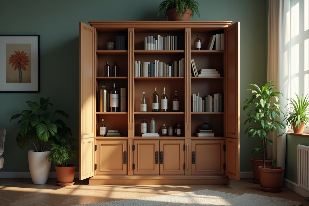 Salon lumineux avec bibliothèque et bouteilles vides discrètes