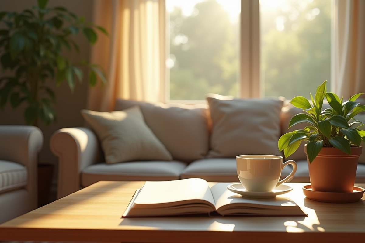 Intérieur cosy avec thé et plante pour le bien-être