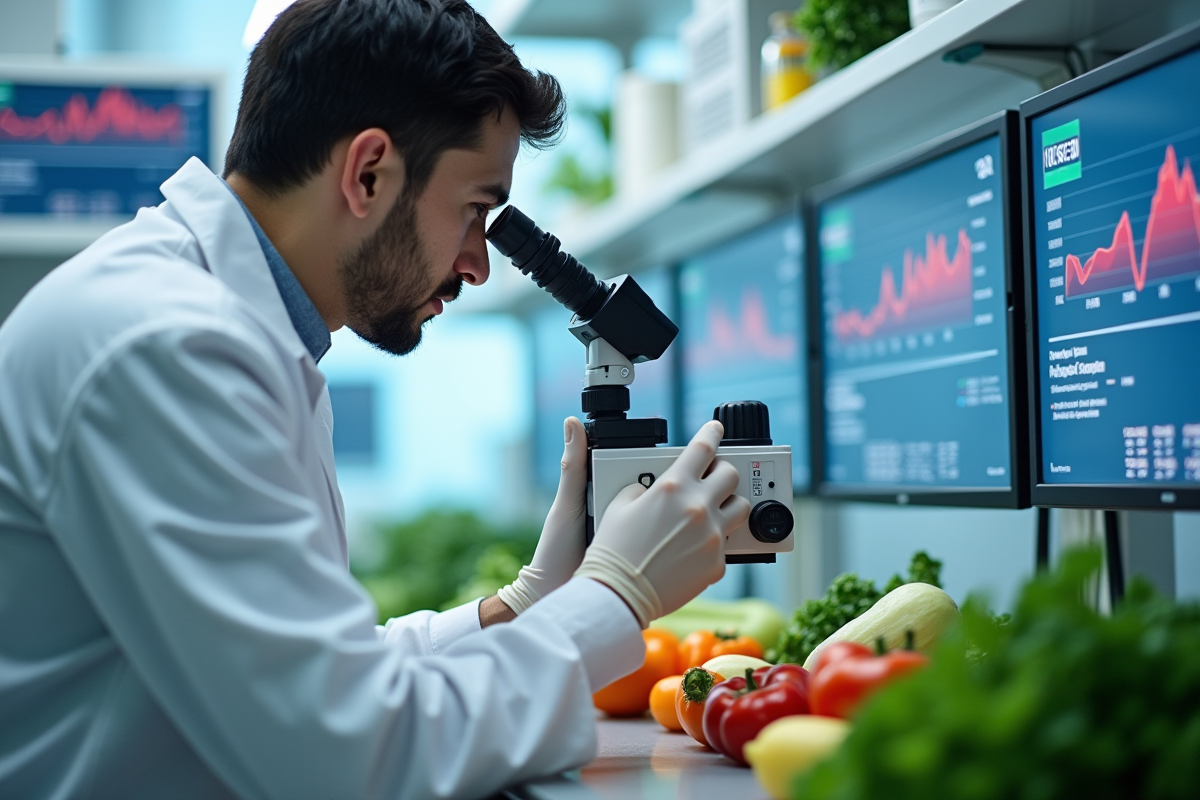 Scientifique dans un laboratoire moderne analysant des légumes frais