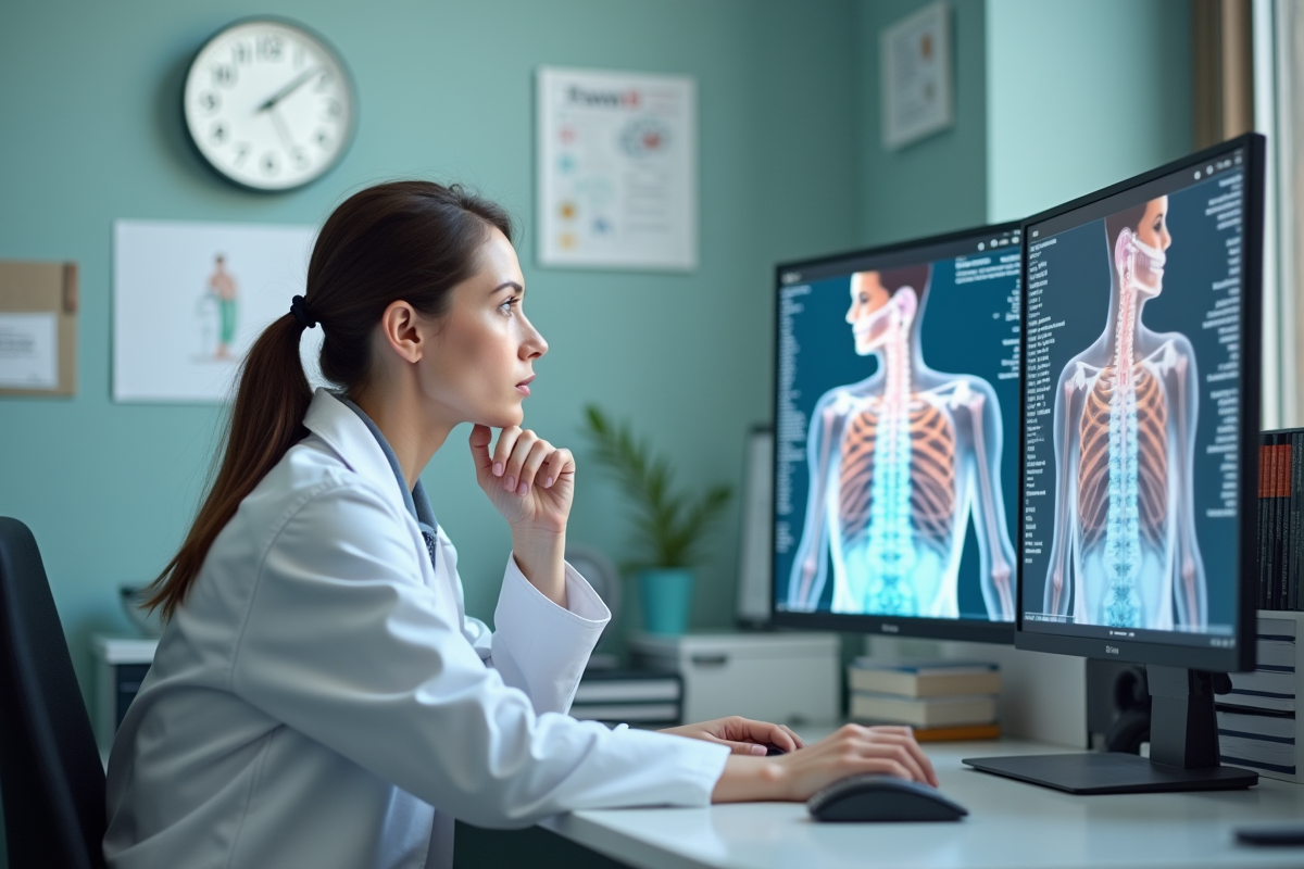 Scientifique femme en laboratoire examinant des posters anatomiques