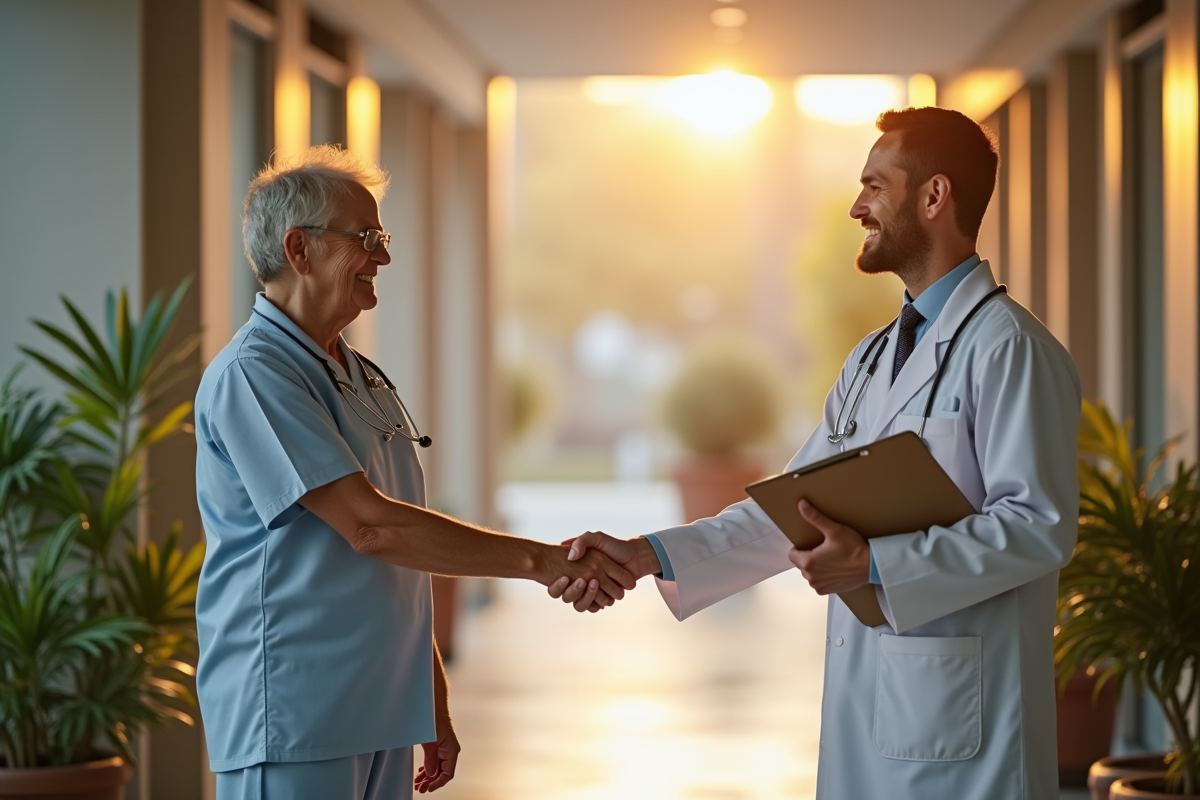 Patient et psychiatre se serrant la main dans un couloir ensoleille