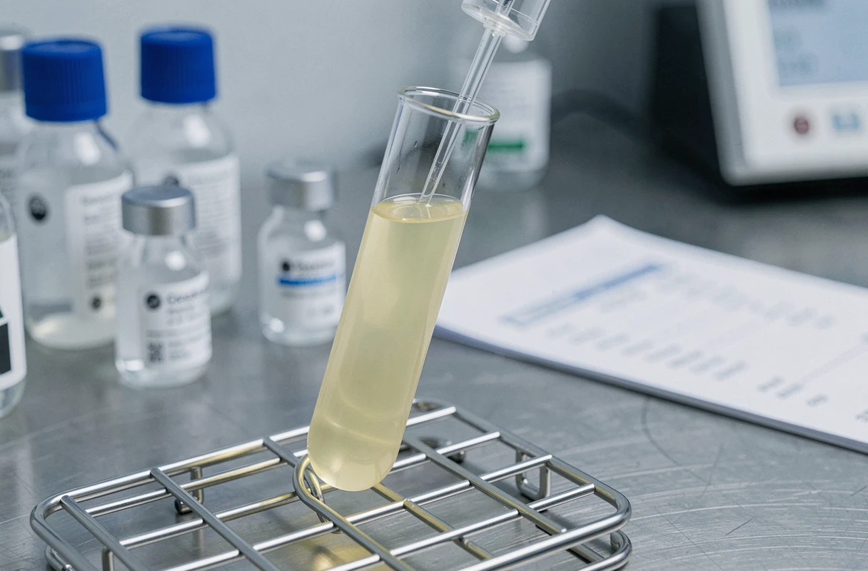 Tube à essai contenant un sérum opalescent utilisé pour l'analyse du cholestérol sanguin en laboratoire