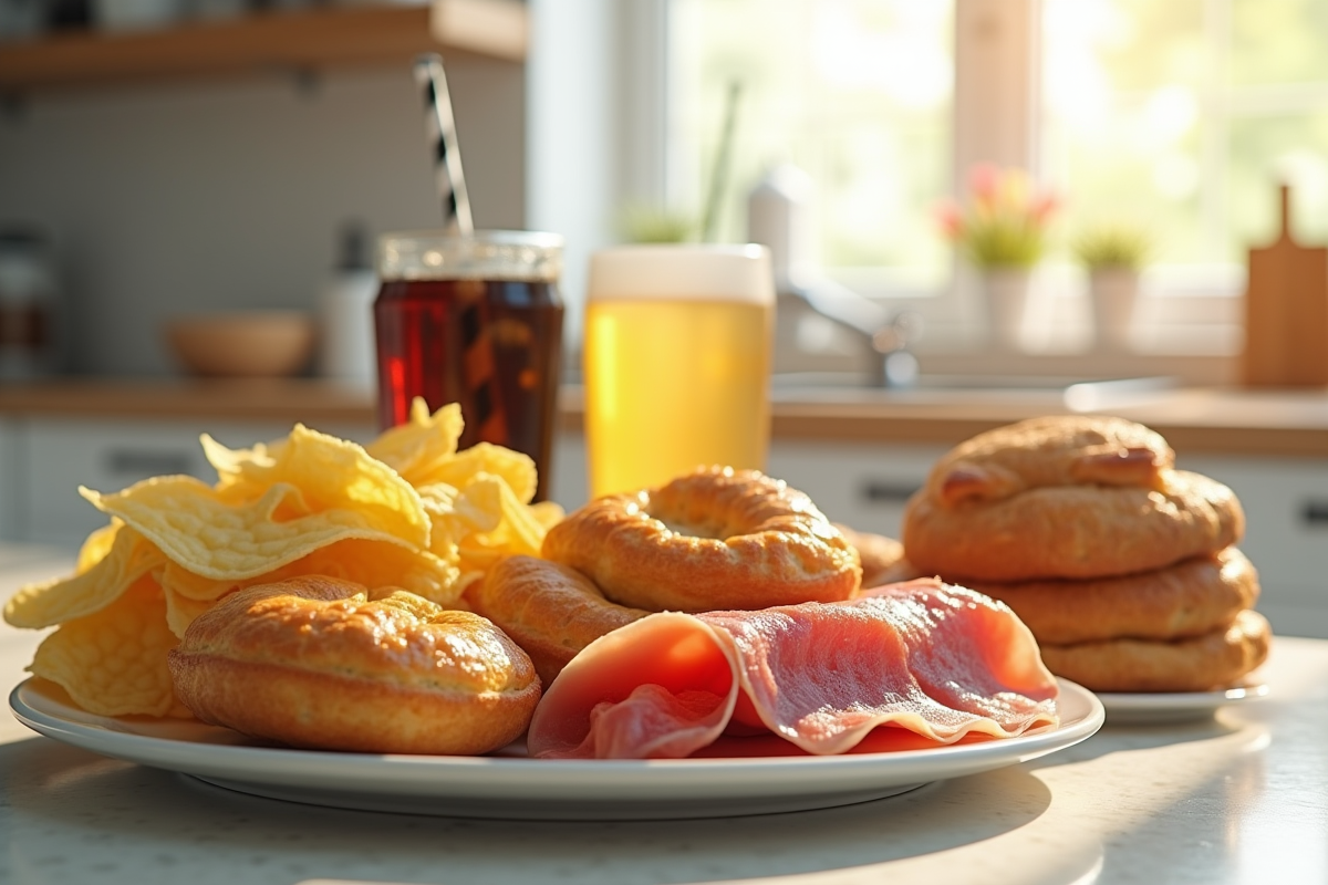 Assortiment de snacks et aliments transformes sur une assiette