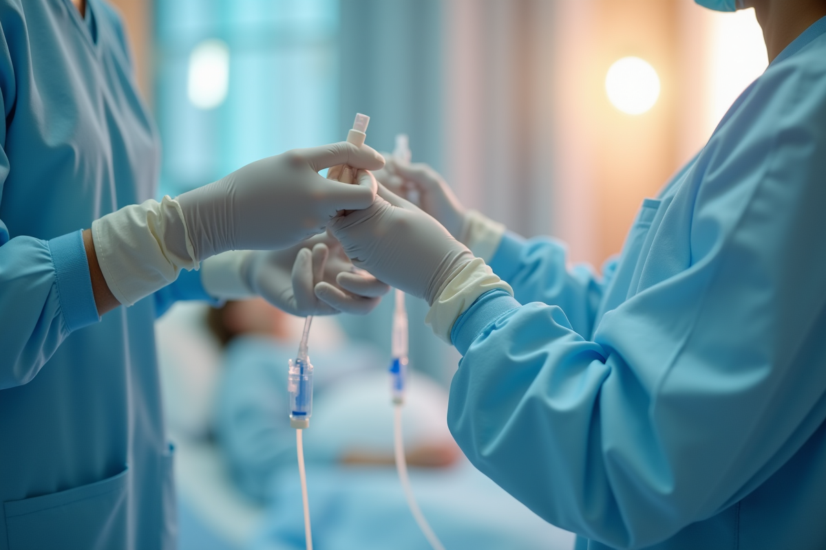 Soignant ajustant une perfusion dans une salle de maternité