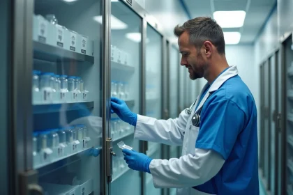 Infirmier en blouse bleue organisant des pochettes dans un stockage hospitalier