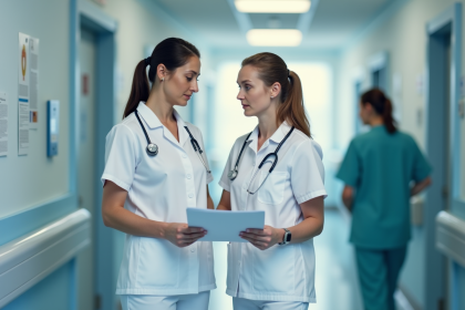 Assistantes médicales en discussion dans un couloir hospitalier