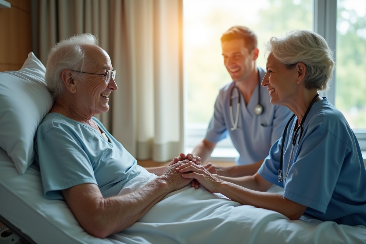 Infirmière douce tenant la main d'une personne âgée dans un lit d'hôpital