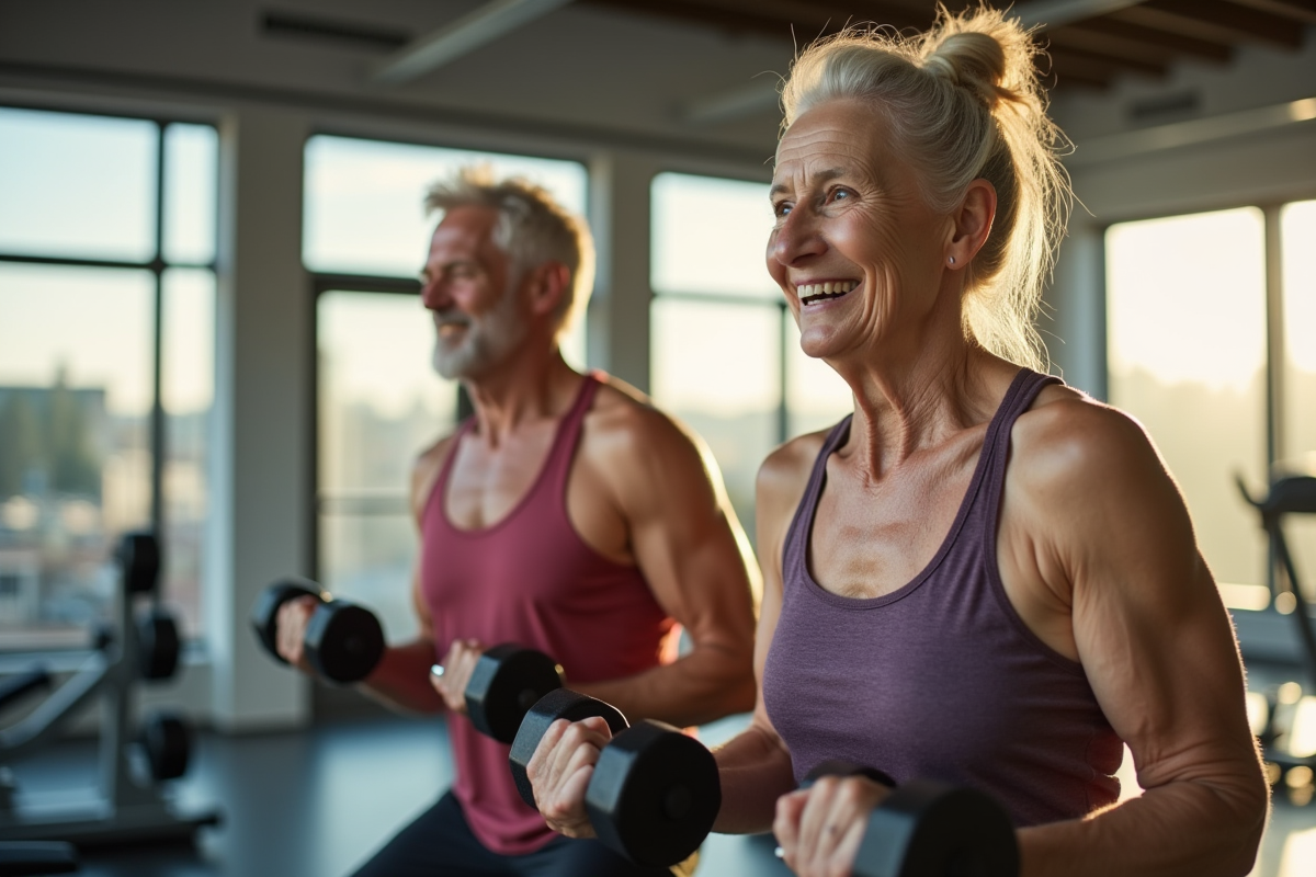 Senior en entraînement avec haltères dans une salle lumineuse