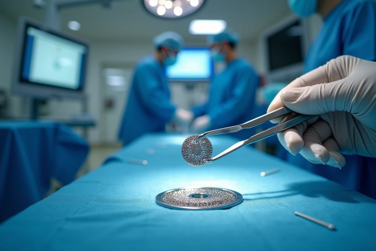 Stent coronarien métallique tenu par des forceps dans une salle de cathétérisme cardiaque