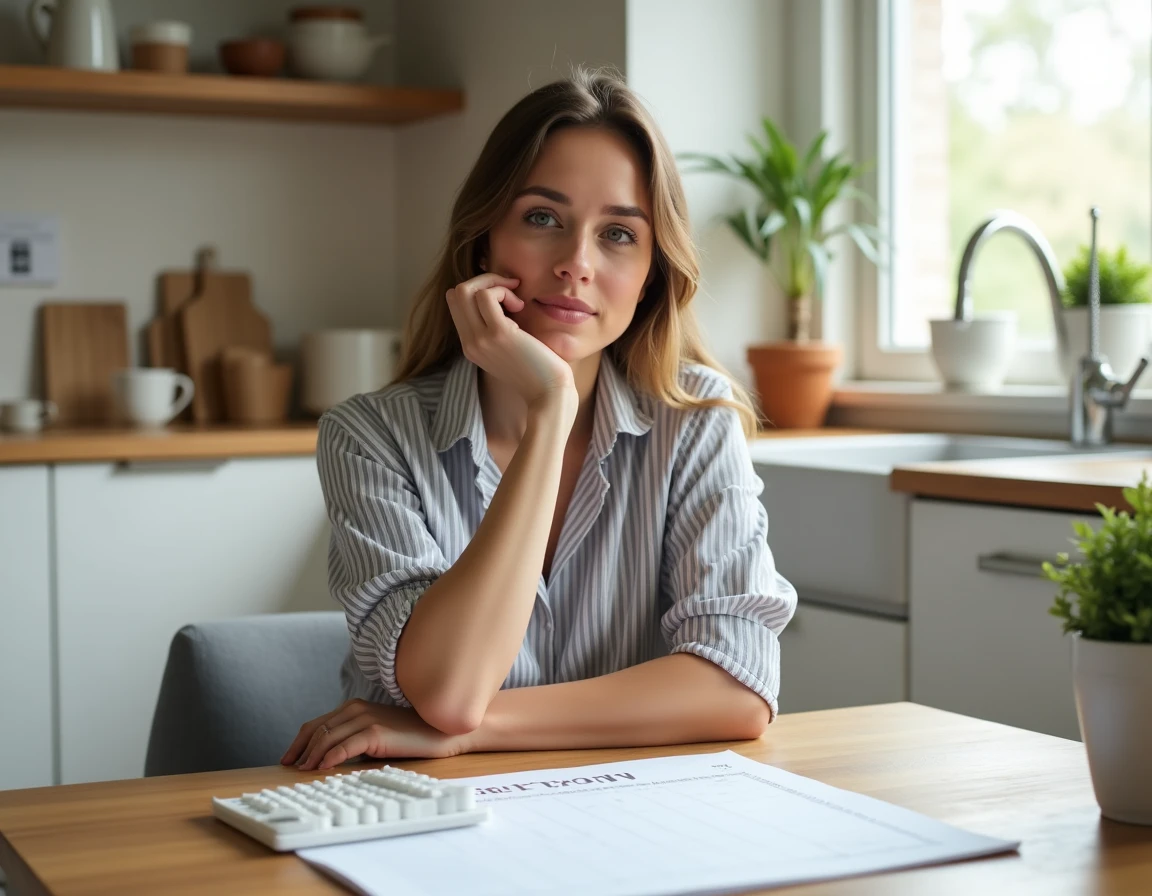 Femme consultant un calendrier et un pilulier hebdomadaire à la cuisine pour suivre sa prise de pilule contraceptive