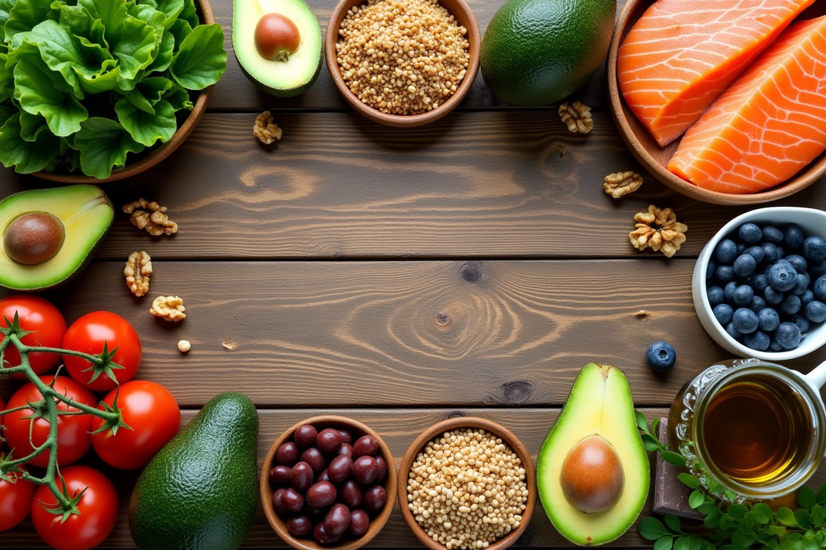 Table en bois avec aliments sains pour le cœur