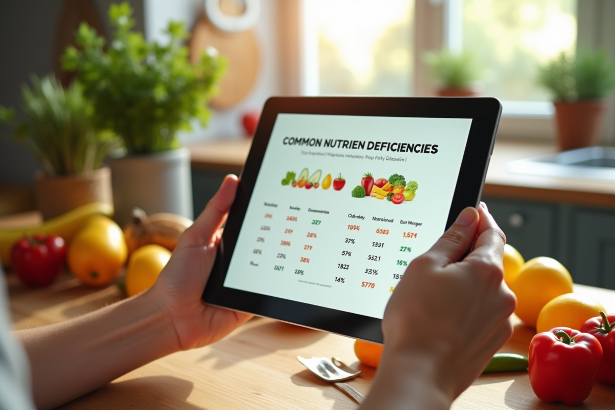 Mains tenant une tablette avec un graphique sur les carences vegan