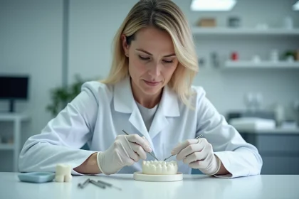 Technicienne dentaire fa&ccedil;onnant une couronne en c&eacute;ramique