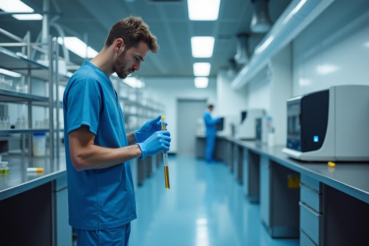 Technicien de laboratoire préparant des échantillons sanguins pour dosage hormonal et bilan phosphocalcique