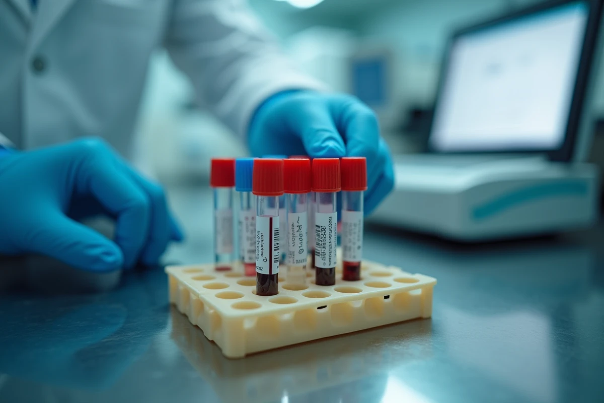 Technicien de laboratoire tenant des tubes d'échantillons sanguins pour l'analyse des enzymes hépatiques dont la gamma GT