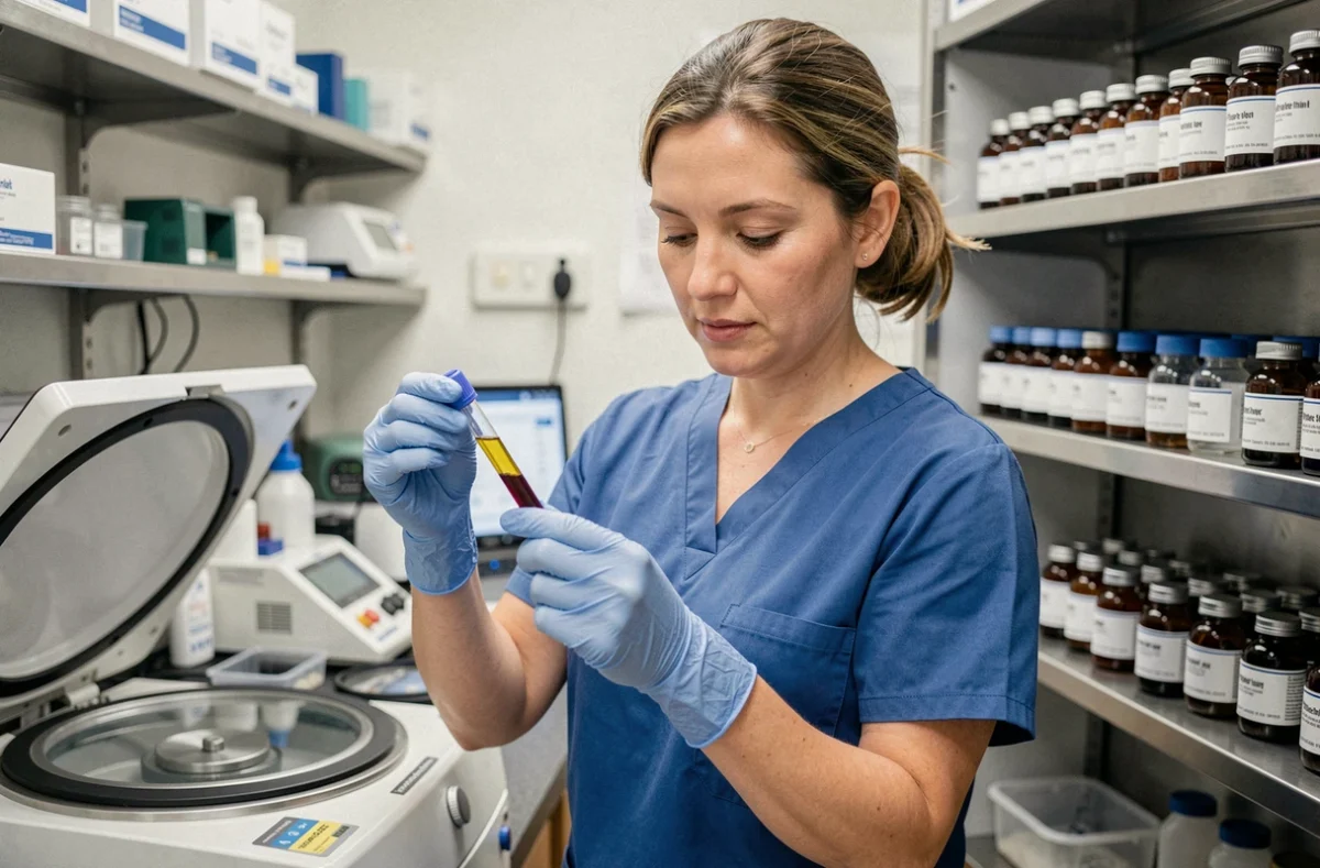 Technicienne de laboratoire manipulant un échantillon de sang pour analyser la bilirubine conjuguée