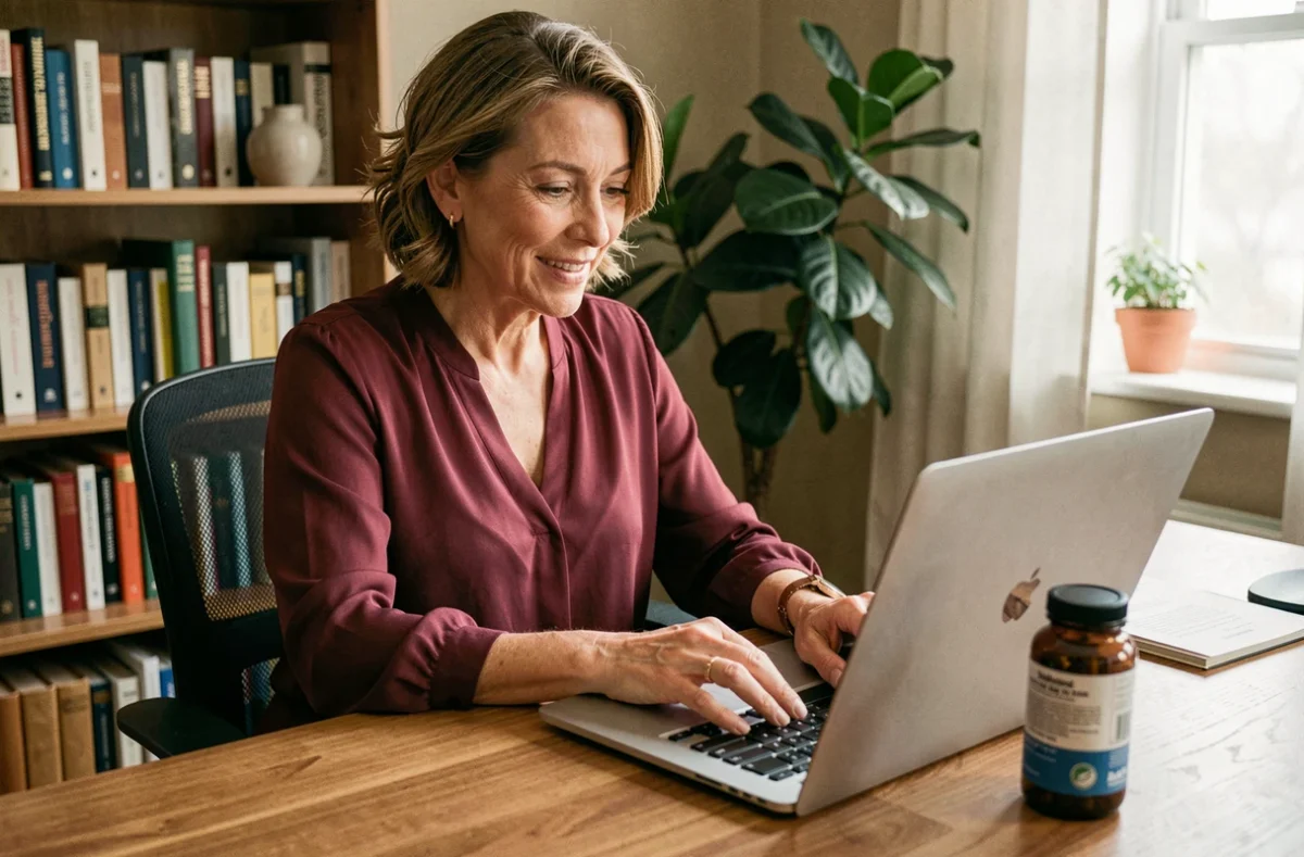 Femme rédigeant un témoignage client sur Lumilean depuis son bureau à domicile