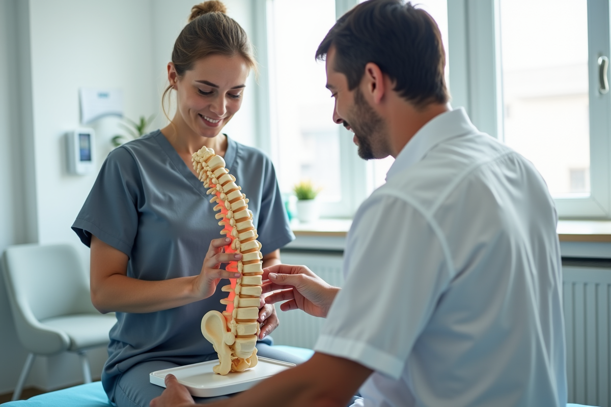 Therapeute montrant un modele de la colonne vertébrale au patient