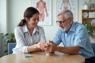 Therapeute femme aidant un senior avec un exercice de mains