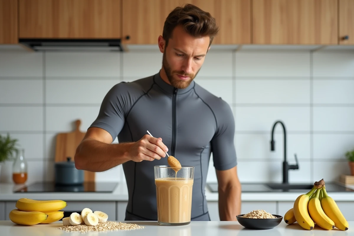 Triathlète préparant un smoothie au beurre de cacahuète dans une cuisine moderne avant une compétition