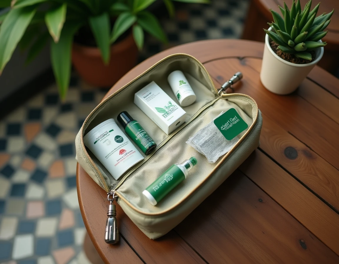 Trousse de voyage ouverte avec un inhaleur Yadom thaïlandais parmi les essentiels de pharmacie de voyage