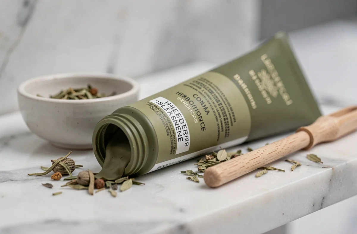 Tube de phytargile concentré posé sur une tablette en marbre avec des herbes médicinales séchées et un applicateur en bois