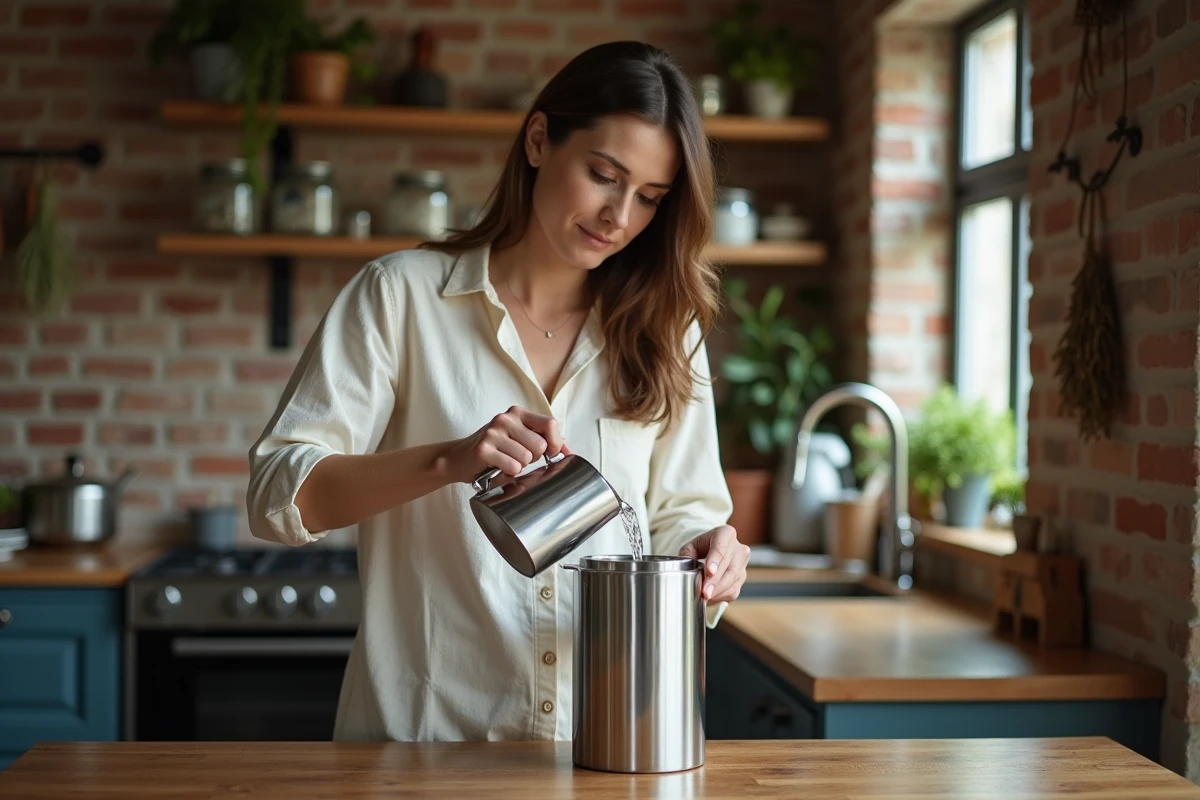 Femme versant de l'eau dans un filtre Berkey sur une table en bois dans une cuisine rustique