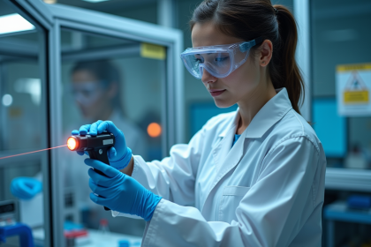 Personne portant lunettes de protection utilisant un laser en laboratoire