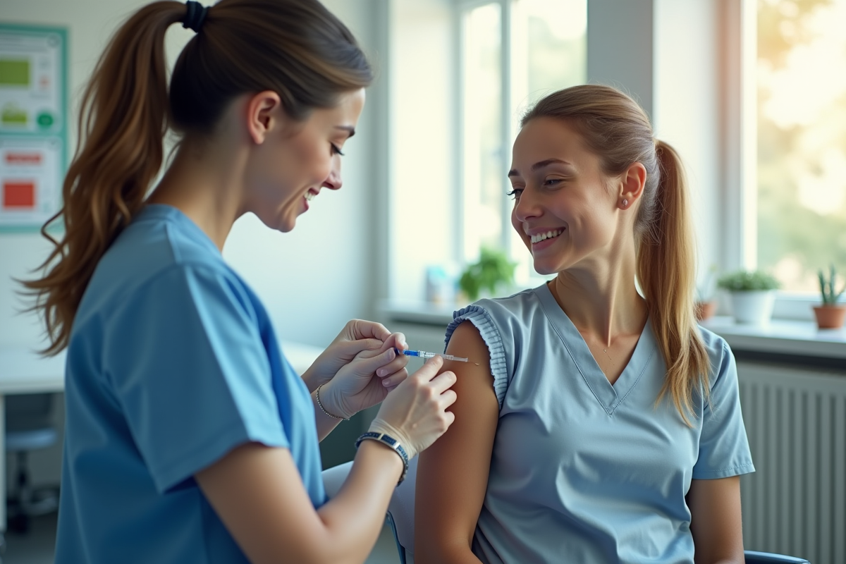 Infirmière souriante administrant un vaccin à un adulte détendu dans une clinique moderne