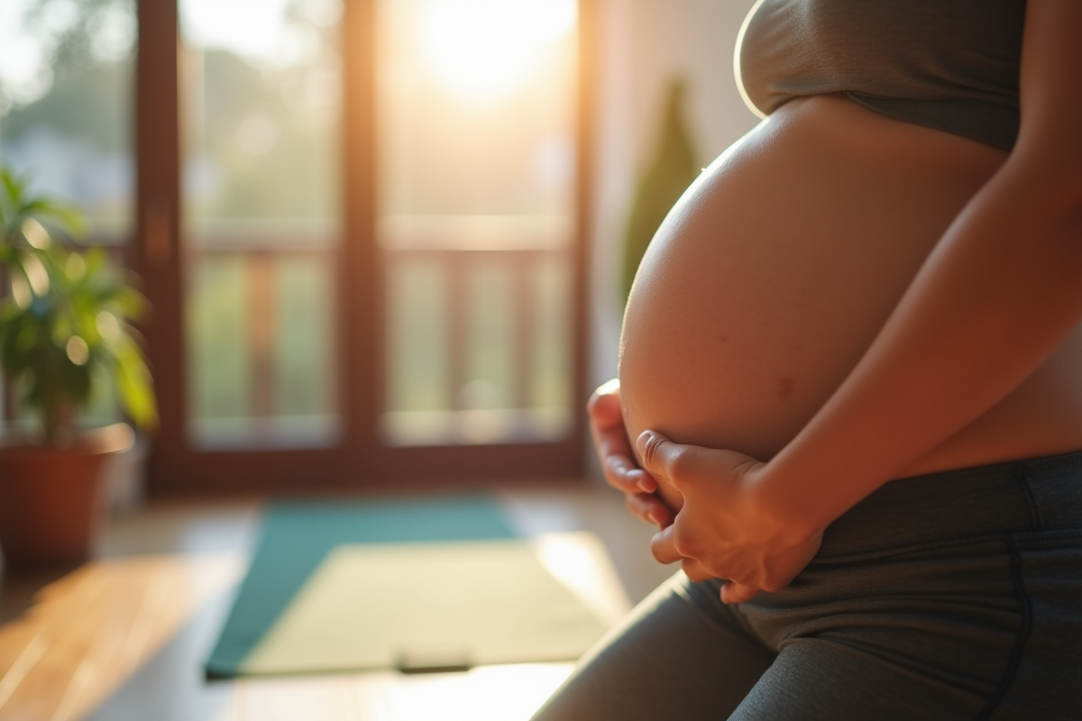 Ventre de femme enceinte avec mains posées doucement